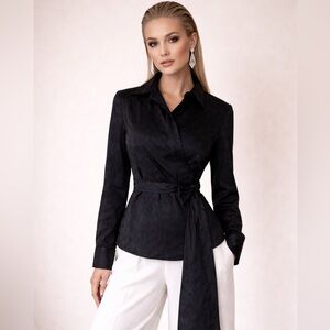 ANN TAYLOR Black Damask Jacquard Wrap Belted Blouse Jacket Size 10 NWT